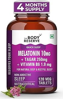 The Body Reserve Melatonin 10mg with Tagar 250mg - 120 Veg Tablets for Natural Sleep Aid, Muscle Recovery, Nerve Relaxation, and Stress Relief - Non-Habit Forming Sleep Aid for Men & Women.