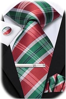Hi-Tie Green Red Mens Ties Silk Plaid Ties for Men 4 PCS Necktie and Pocket Square Cufflinks Clip Pin Set for Wedding