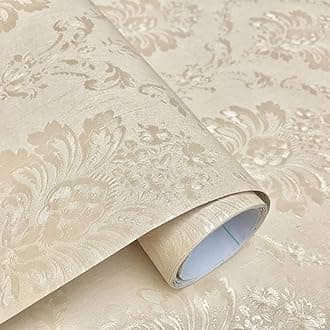 Wolpin Floral Damask Wallpaper 45x300 cm Beige Embossed Pattern Decorative Wall Sticker for Living Room Bedroom Home Interior DIY Self Adhesive PVC Décor Roll