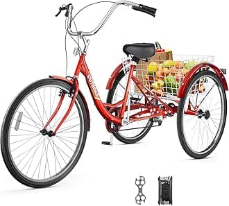 Betterland 7-Speed Adult Tricycle with Large Basket 26 Inch, Stable 3-Wheel Trike Bike Cruise Bicycle for Shopping and City Trike Perfect for Men, Women, Seniors Red