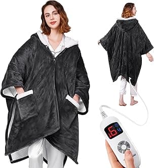 Heated Blanket Wearable - Cozy Gift for Women, Mom, Men| Reversible Flannel & Sherpa Electric Wrap with Pockets & Hood, 6 Heat Levels, 1-4H Timer, ETL Safe, Machine Wash, 50"x70" Grey