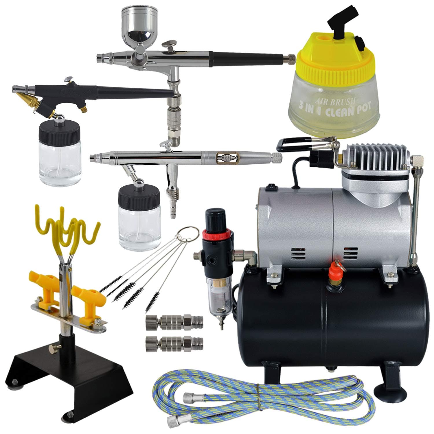 Airbrush Set Universal II Complete Set with Airbrush Compressor 3 highQuality Guns, Holder, Compressor 3L Tank