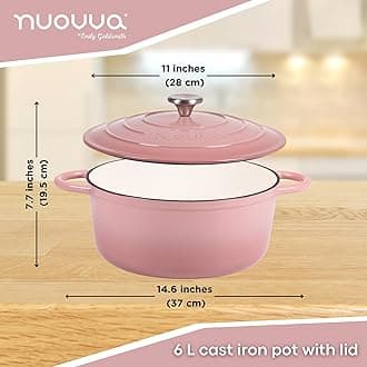 nuovva Cast Iron Dutch Oven with Lid – Non-Stick Ovenproof Enamelled Casserole Pot, Oven Safe up to 500° F – Sturdy Dutch Oven Cookware – Pink, 6.4-Quart, 28cm –
