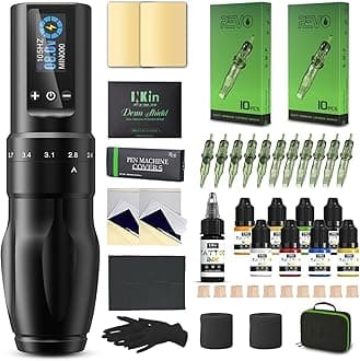 Tattoo Kit for Beginners Complete Set, Wireless Tattoo Machine with 2.0mm-4.0mm Adjustable Stroke Length and 1600mAh Power Supply, 20Pcs Revo Tattoo Needles Assorted and 9Pcs Tattoo Inks