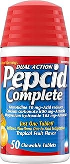Pepcid Complete Acid Reducer + Antacid for Acid Reflux, 10mg Famotidine, 800mg Calcium Carbonate & 165mg Magnesium Hydroxide per Heartburn Tablet, Antacid Chews, Tropical Fruit, 50 ct