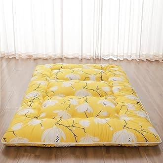 Japanese Floor Mattress, Futon Mattress with Portable Storage Bag and Washable Cover, Roll Up Thick Tatami Mat Suitable for Camping, Guest Room, Yellow Flower, Full