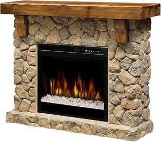 Dimplex Fieldstone Electric Fireplace with Rustic Mantel Surround Package | Pine with Natural Stone-Look, 28" Electric Firebox Heater | 1500W | Acrylic Ice | Remote Control | #GDS28L8-904ST