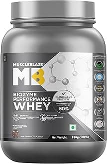 MuscleBlaze Biozyme Performance Whey Protein Powder, Triple Chocolate (850g / 1.8lbs) | 25g Protein Per Scoop | Clinically Tested 50% Higher Protein Absorption