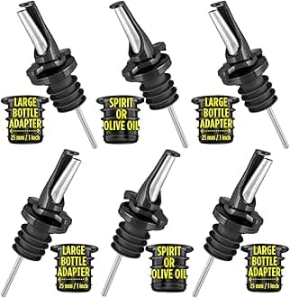 3-in-1 Liquor Pour spout with Built-in Fruit Fly Protection - Dishwasher Safe Hygienic Alcohol Speed Spouts - Also for Olive Oil, Juice, Syrup. Black 6 Pack with 6 Adapters for Large Neck Bottles