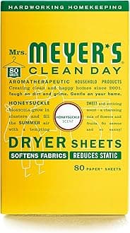 Mrs. Meyer's Dryer Sheets, Fabric Softener, Reduces Static, Infused with Essential Oils, Honeysuckle, 80 Count