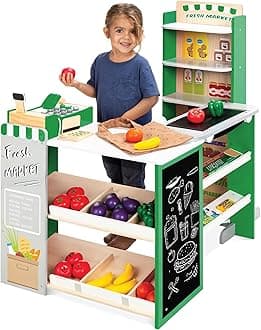 Pretend Play Grocery Store Wooden Supermarket Toy Set for Kids w/Play Food, Chalkboard, Cash Register, Working Conveyor - Green