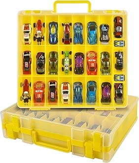 Toy Car Storage Organizer Case Compatible with Hot Wheels/for Matchbox Cars. Display Carrying Container Holder for LOL Surprise Dolls/for Shopkins with 48 Compartments Double Sided -Yellow (Box Only)