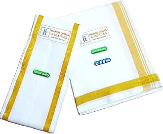 Men's 100% Pure Cotton White with Gold Zari Casual Style Lungi in Size 2 Mtrs + 1.8 Mts Angavastram Set (Pack of 2 Piece)