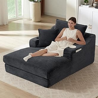 Oversized Chaise Lounge Chair Indoor, Boneless Chaise Lounges with Cup Holders & 3 Pillows, Modern Corduroy Sleeper Sofa Cloud Couch Chair with Wide Arms, No Assembly Required (Black, 48")