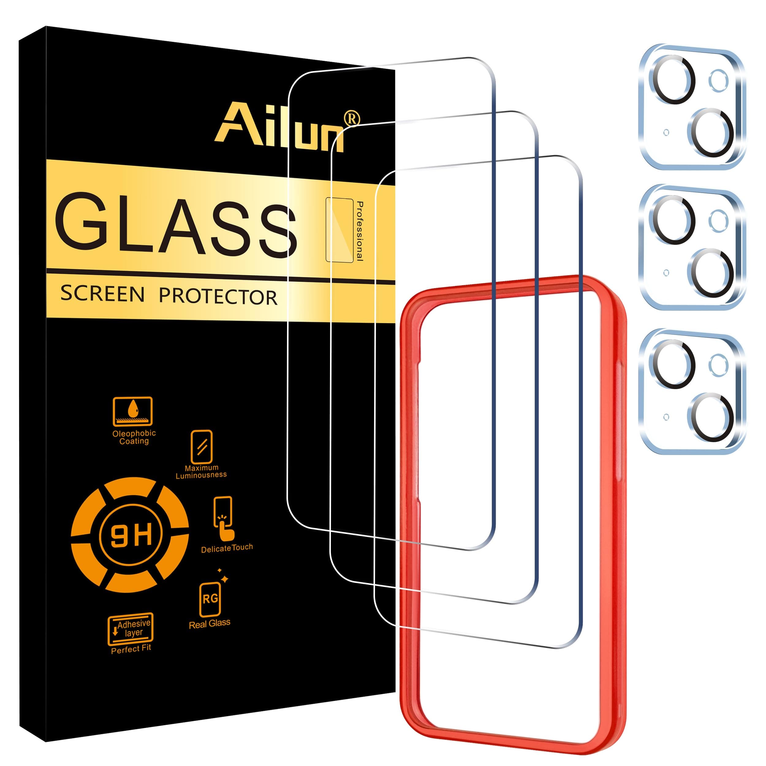 Ailun 3 Pack Screen Protector for iPhone 15 [6.1 inch] + 3 Pack Camera Lens Protector with Installation Frame, Case Friendly Tempered Glass Film, [9H Hardness] – HD