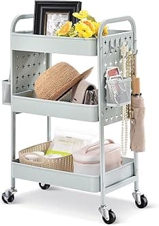 TOOLF 3-Tier Rolling Cart, Metal Utility Storage Cart with DIY Dual Pegboards, Art Craft Trolley with Hooks, Organizer Serving Cart Easy Assemble for Bathroom, Office, Home, Kitchen, Classroom, Green