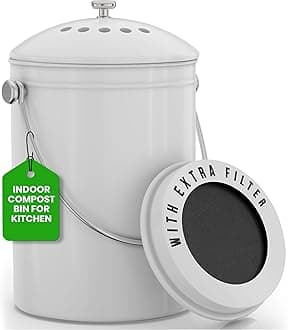 Compost Bin for Kitchen Countertop, 1.3 Gallon Compost Bucket for Kitchen with Lid, Includes 1 Spare Charcoal Filter (White)