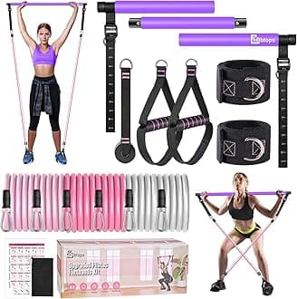 Pilates Bar Kit with Resistance Bands,3-Section Pilates Bar with Stackable Bands Workout Equipment for Legs,Hip,Waist and Arm,Exercise Fitness Equipment for Women & Men Home Gym Yoga Pilates