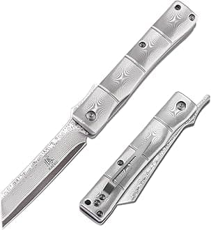 Handmade Full Damascus Pocket Knife,3" Damascus Blade Bamboo Style Men Women Folding Knife with Clip Linner Lock, Japanese Razor Work Knife with Leather Sheath Camping Hiking