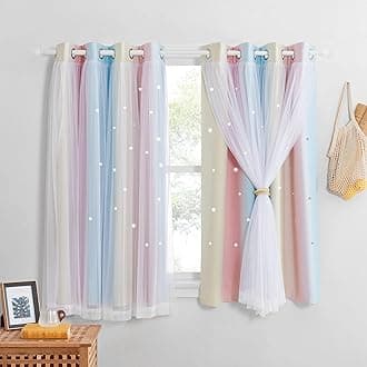 NICETOWN Blackout Star Curtains with Sheer - Thermal Curtains for Kids Bedroom Nursery Girls Living Room Rainbow Drapes with Eyelet for Windows, 2 Panels W52xL63 Inch (132x160 cm) Yellow Pink Blue