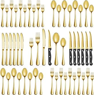 36 Pcs Gold Silverware Set with Steak Knives, Stainless Steel Flatware Cutlery Set Service for 6, Kitchen Tableware Sets, Utensil Sets for Home and Restaurant, Knives Forks Spoon, Dishwasher Safe