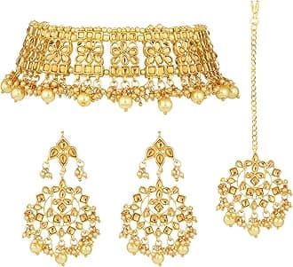 Aheli Elegant Indian Wedding Wear Faux Kundan Studded Choker Necklace with Maang Tikka Set Ethnic Fashion Jewelry for Women