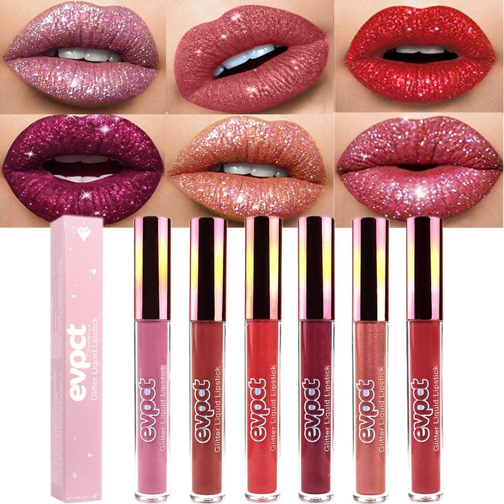 evpct 6Pcs Diamond Lip Gloss Matte to Glitter Liquid Lipstick Waterproof, Met...
