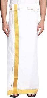 Gowri Tex Men's 100% Pure Cotton White With Gold Jari Lungi in Size 2 Mtrs Single Lungi- Pack Of 1