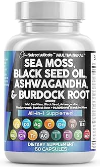 Sea Moss Black Seed Oil Ashwagandha Turmeric Bladderwrack Burdock & Vitamin C Vitamin D3 with Elderberry Manuka Dandelion Yellow Dock Iodine Chlorophyll ACV