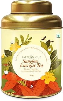 Saffron Cup Sunglow Energize (Ginger & Turmeric) Herbal Detox Tea by 100G | Caffeine-Free Blend With Lemongrass, Orange Peel & Licorice (Airtight Double-Lid Tin)