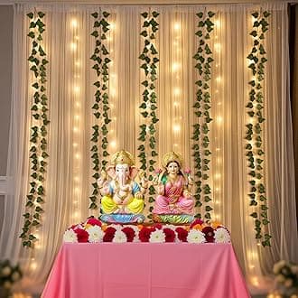 SpecialYou.in Ganpati Decoration Items for Home - White Net Backdrop Cloth With Green Vines & LED Fairy Lights 40ft Long, Varalakshmi Pooja Items - 9 Pcs