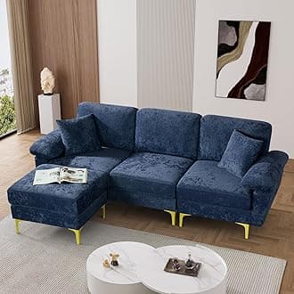 OUYESSIR L Shaped Sectional Sofa Couch, 3 Seat Velvet Sofa with Ottoman and Pillows, Upholstered Comfy Couch Sleeper for Living Room, Bedroom, 91 inches (Dark Blue)