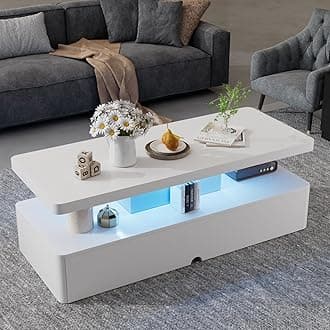 oneinmil Modern Stylish Coffee Table with 16 Colors LED Lights, Double-Layer Design for Living Room, White