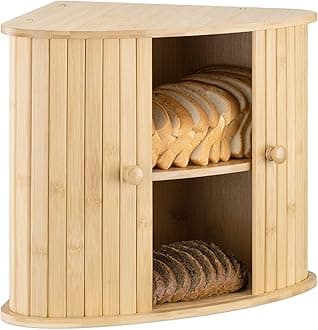 Wooden Bread Bin- Countertop Kitchen Corner Bread Bun Farmhouse Loaf Bagel Wood Container with Sliding Doors - Corner Wood Breadbox