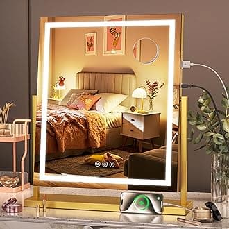 Hasipu Vanity Mirror with Lights, 17" x 22" LED Makeup Mirror with Smart Touch 3 Color Modes and Brightness Adjustment, 10X Magnifying,360° Rotation(Gold)