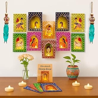 Divyakosh Deep Dwar (Pack of 10) with LED Candles and Shubh-Labh (1 Pair), Jharokha Style Wall & Home Decor for Diwali Decoration, Festive Decor, Wall Decor