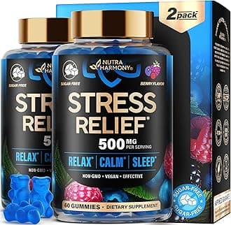Stress Relief Support 500 mg - Relax, Calm & Sleep Support - Stress Gummies with L-Theanine | GABA | Ashwagandha | 5-HTP | Vitamin B6 & Magnesium - Sugar-Free, Vegan, Mixed Berry Flavor, Pack of 2