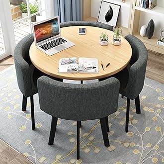 Round Kitchen Dining Table Set for 4, Space Saving Table and Chairs Set with Thick Tabletop 4 Upholstered Chairs, Dinning Room Modern Casual Coffee Table Set(D 31.5inch/80cm, Dark Grey)