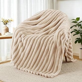 Exclusivo Mezcla Fleece Throw Blanket for Couch, Super Soft Striped Jacquard Bed Blanket, Lightweight Fuzzy Cozy for All Seasons, 50x60 Inches, Beige