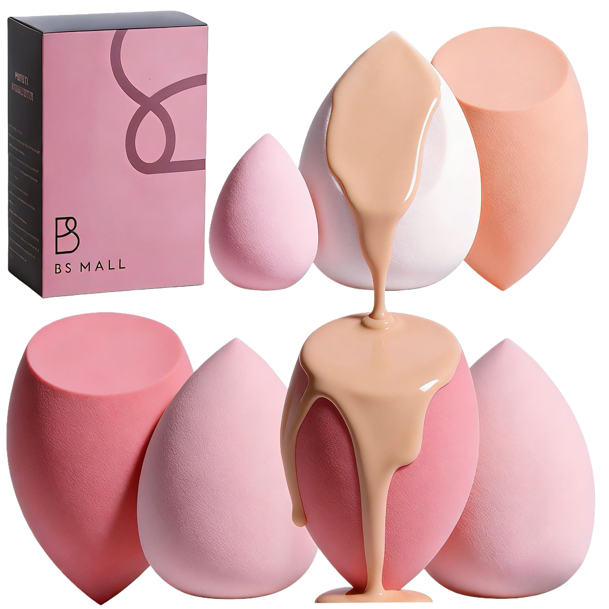 Makeup Sponge Set BS-MALL with Storage Case 7 Pcs for Liquid, Cream, and Powder,SAVE Foundation with 1 Mini Makeup Sponge For Travel Daily Use (A-Pink）