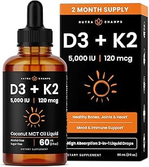Vitamin D3 K2 Drops, Liquid Vitamin D3 5000 IU & K2 D3 with MK7, Vitamin D Drops for Kids, Bones, Heart & Immune Health, Liquid Vitamin D in MCT Oil for Better Absorption