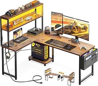 L Shaped Desk Gaming Desk with LED Light & Power Outlet, 53 Inch Reversible L Shaped Computer Table with Shelf & Storage Bag & Hook for Home Office, Vintage
