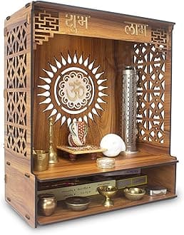 Heartily® Shlok Beautiful Wooden Pooja Stand for Home/Mandir for Home/Temple for Home and Office/Puja Mandir for Home and Office Wall with LED Spot Light/Product (H- 18, L- 16, W-8.75 Inch)