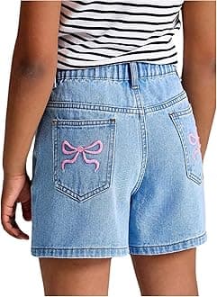 MakeMeChic Girl's Denim Shorts Bow Embroidery Straight Leg Bermuda Jean Shorts with Pockets