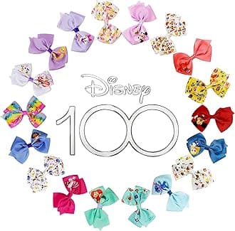 LUV HER Disney 100th Anniversary Special Hair Accessory for Girls|18pc Disney Hair Bow Clips Featuring Favorite Characters with a String Bag Bow Holder with hanger. For all occasions & ages 3+