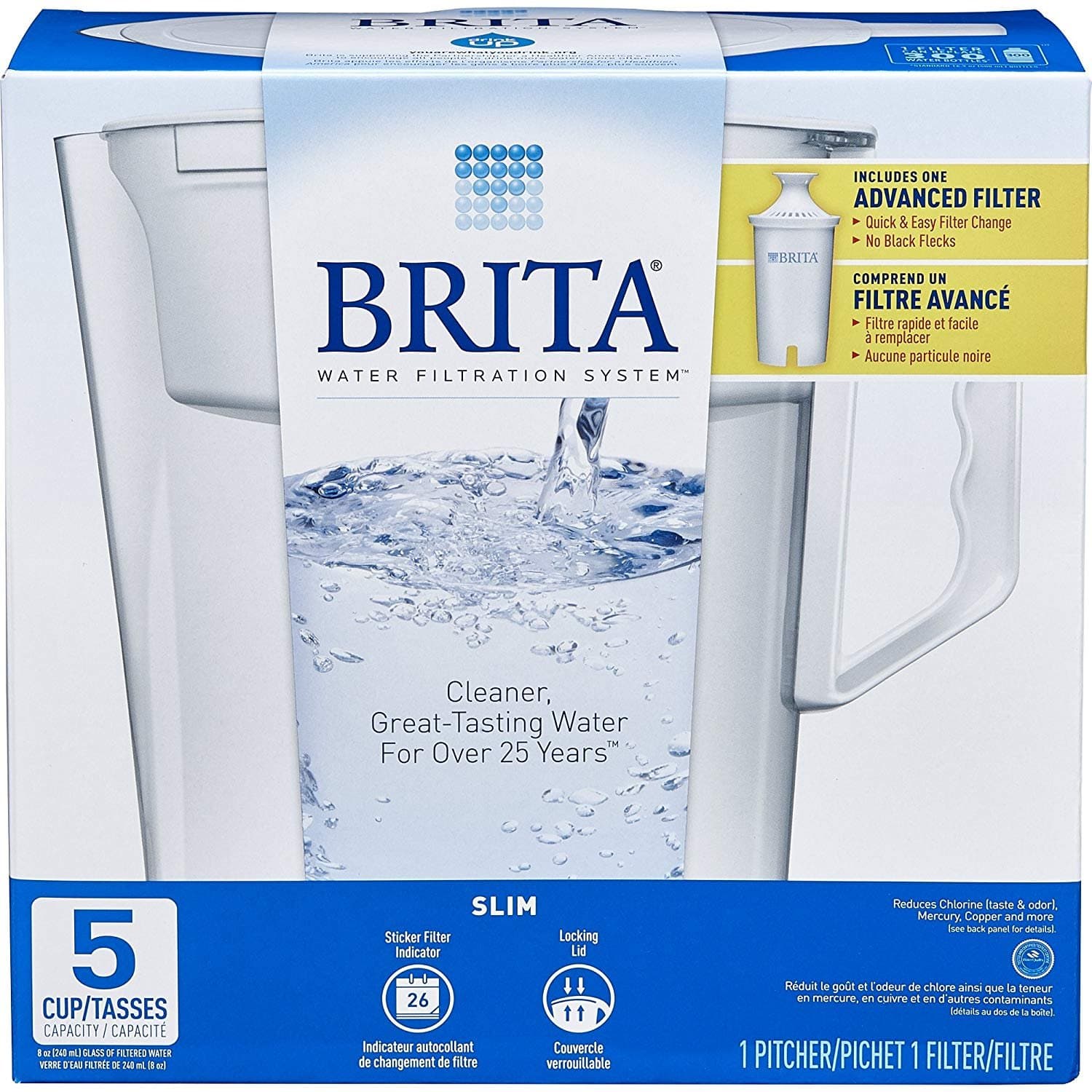 Water Pitcher, Slim, 5 Cup Capacity, Includes One Advanced Filter-White, Size