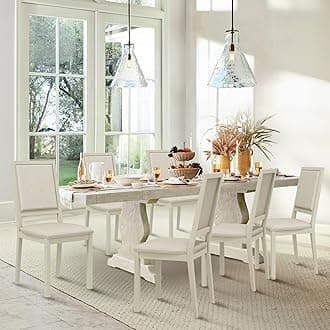 Upholstered Wood Dining Chairs Set of 6, Kitchen Dining Chairs with Back, 19 Inch Fabric Farmhouse Dining Room Side Chairs with Wooden Legs for Kitchen Dining Living Room Courtyard, Ivory