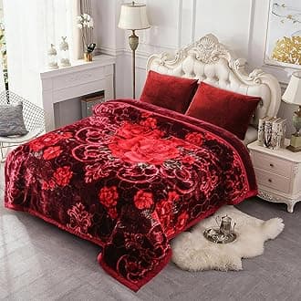 Korean Style Fleece Blanket King, 87"x94", 10.5 Pounds, Plush Raschel Fleece Heavy Blanket for Winter, 2 Ply, A&B Floral Printed with Embossing Pattern, Silky Soft Thick Warm (Burgundy Roses)