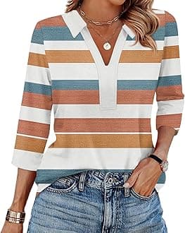Women's 3/4 Sleeve V-Neck Collared Tops Summer Business Casual Work Polo Shirts 2025 Trendy Loose Fit Basic Tees