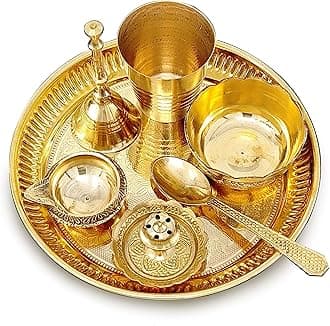 BENGALEN Brass Pooja Thali Set 6 Inch Puja Thali with Pital Plate Glass Bowl Spoon Dhup Dan Kuber Diya Ghanti Arti Thali for Diwali Home Office Mandir Wedding Return Gift Items
